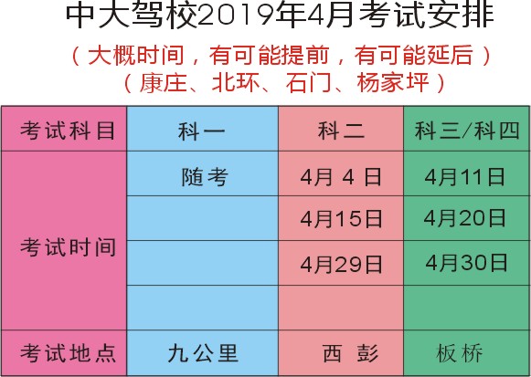 重庆中大驾校2019年4月考试计划