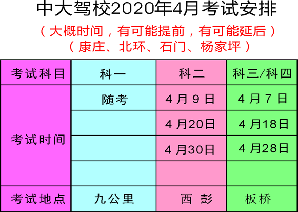 重庆中大驾校2020年5月考试计划