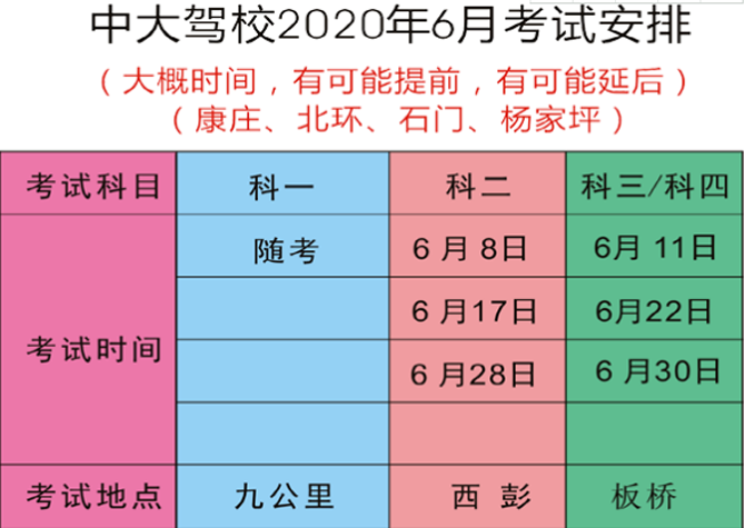 重庆中大驾校2020年6月考试计划